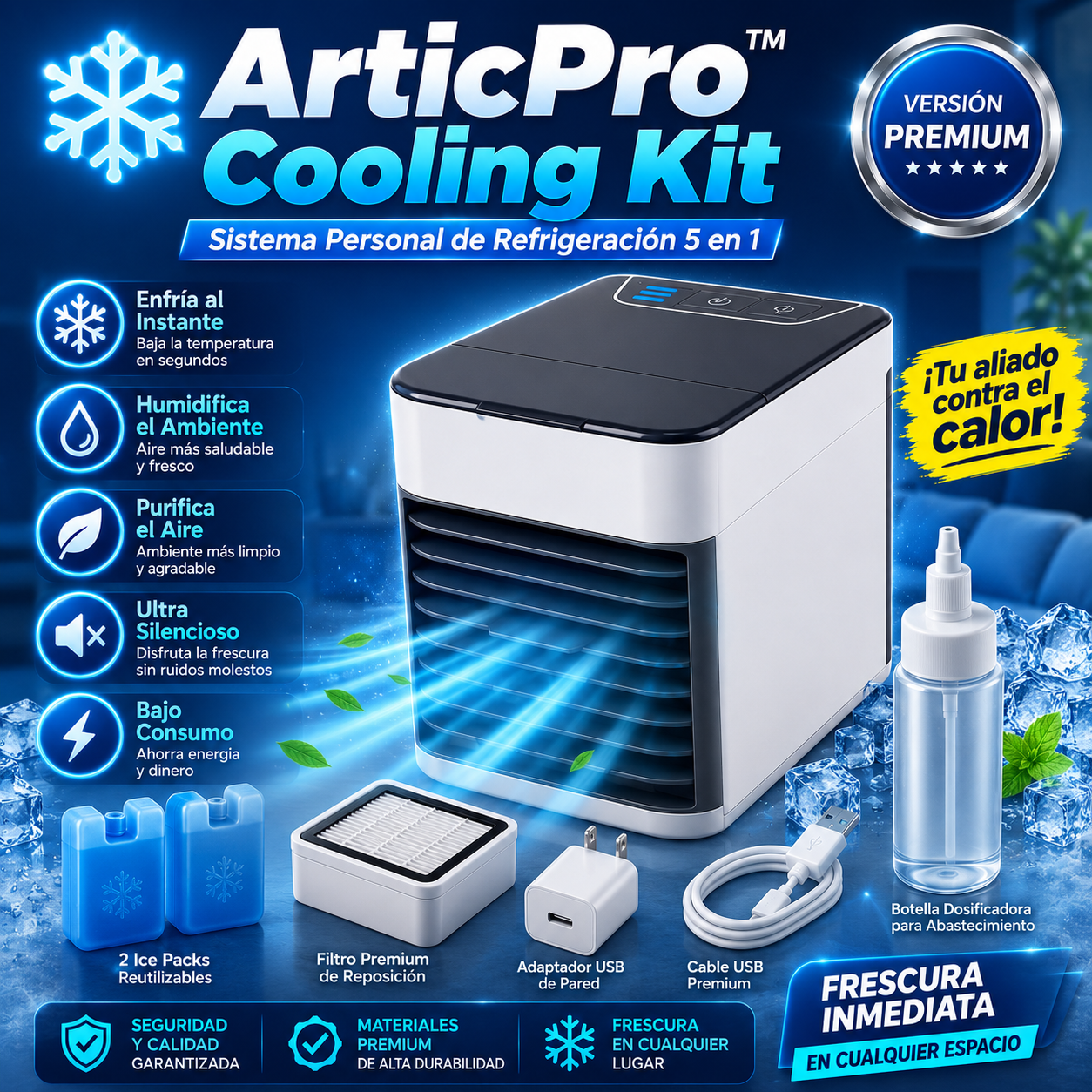 ArticPro™ Cooling Kit | Aire Acondicionado Portátil 5 en 1 | Enfría, Humidifica y Refresca al Instante